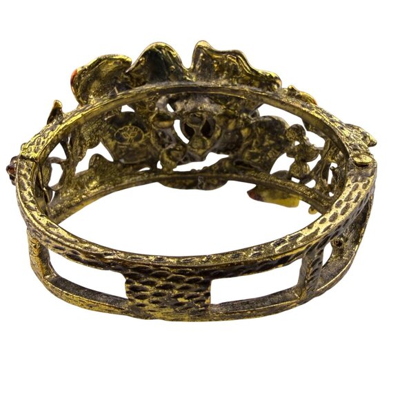 Antique-Style Gold Tone Rhinestone Hinged Floral Bracelet Gold & Brown Colors - Picture 3 of 6